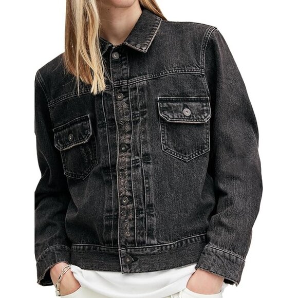 AllSaints Spirit Jean Trucker Jacket Size M Organic Cotton Black Denim Snap Hood - Picture 1 of 16